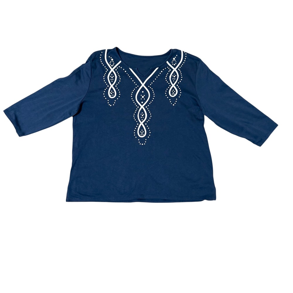 Navy Blue/White Embroidered Scroll Tunic Top 3/4 Sleeve V-Neck Size XL - No Tags